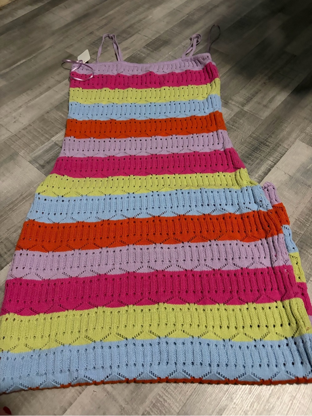 Multicolor Striped Crochet Maxi Sweater Dress — Lilac, Blue, Pink & Orange, sz M